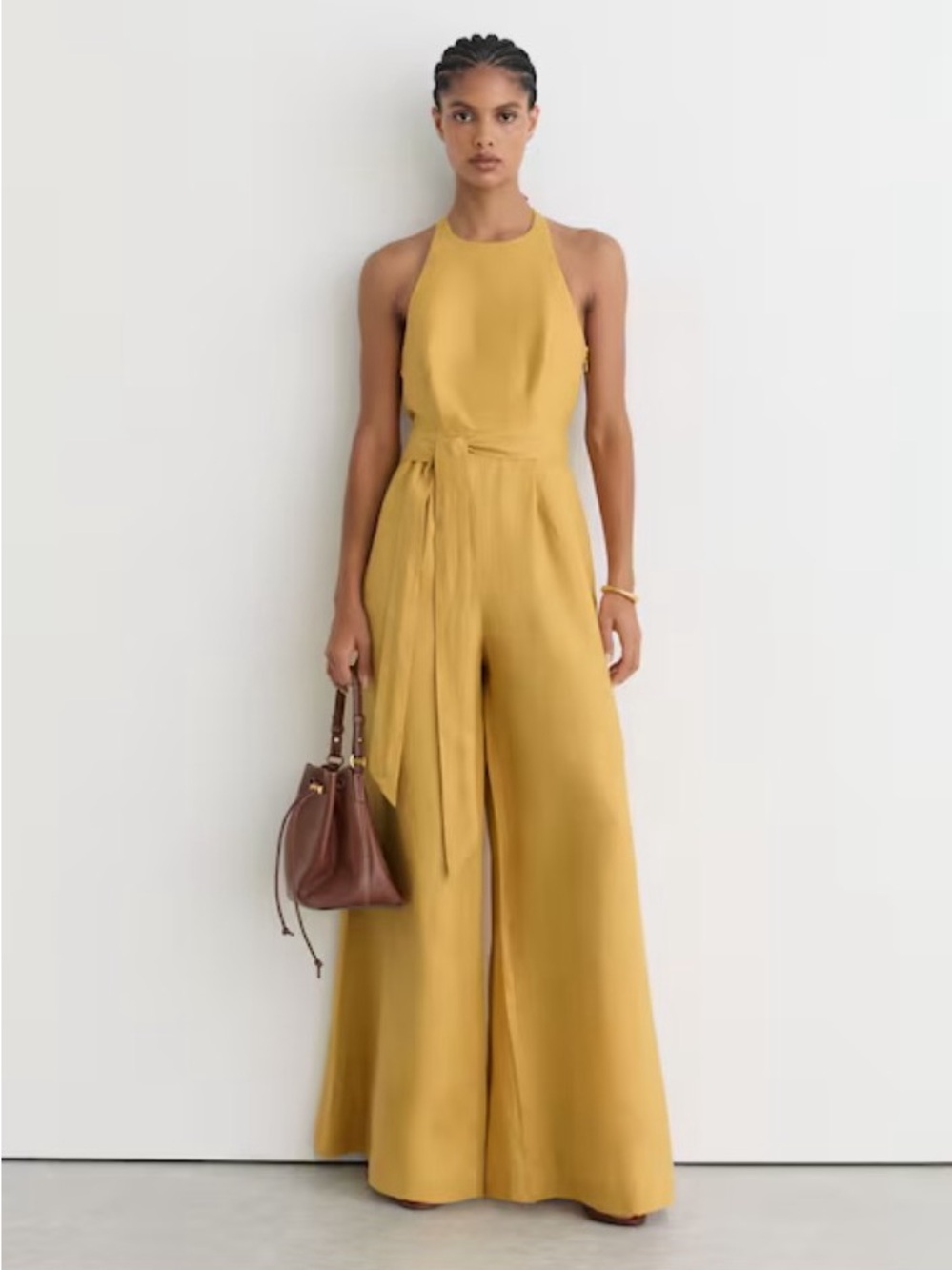 Reiss Mustard Yellow Halter Neck Open Back Maxi Jumpsuit 100% Linen - Picture 4 of 5